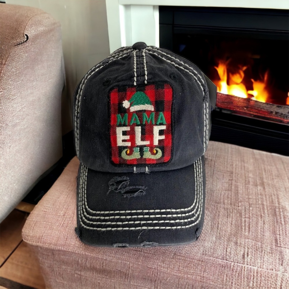 Mama Elf Baseball Hat Black Thick Stitch Womens Adjustable Christmas NEW